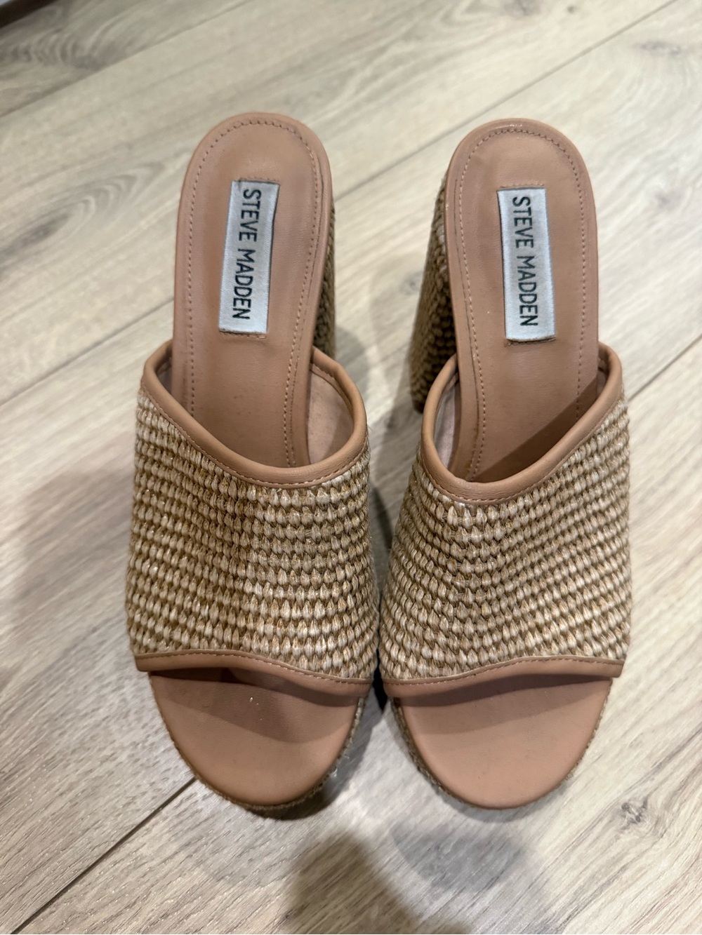 Steve Madden Woven Tan Slide Wedges